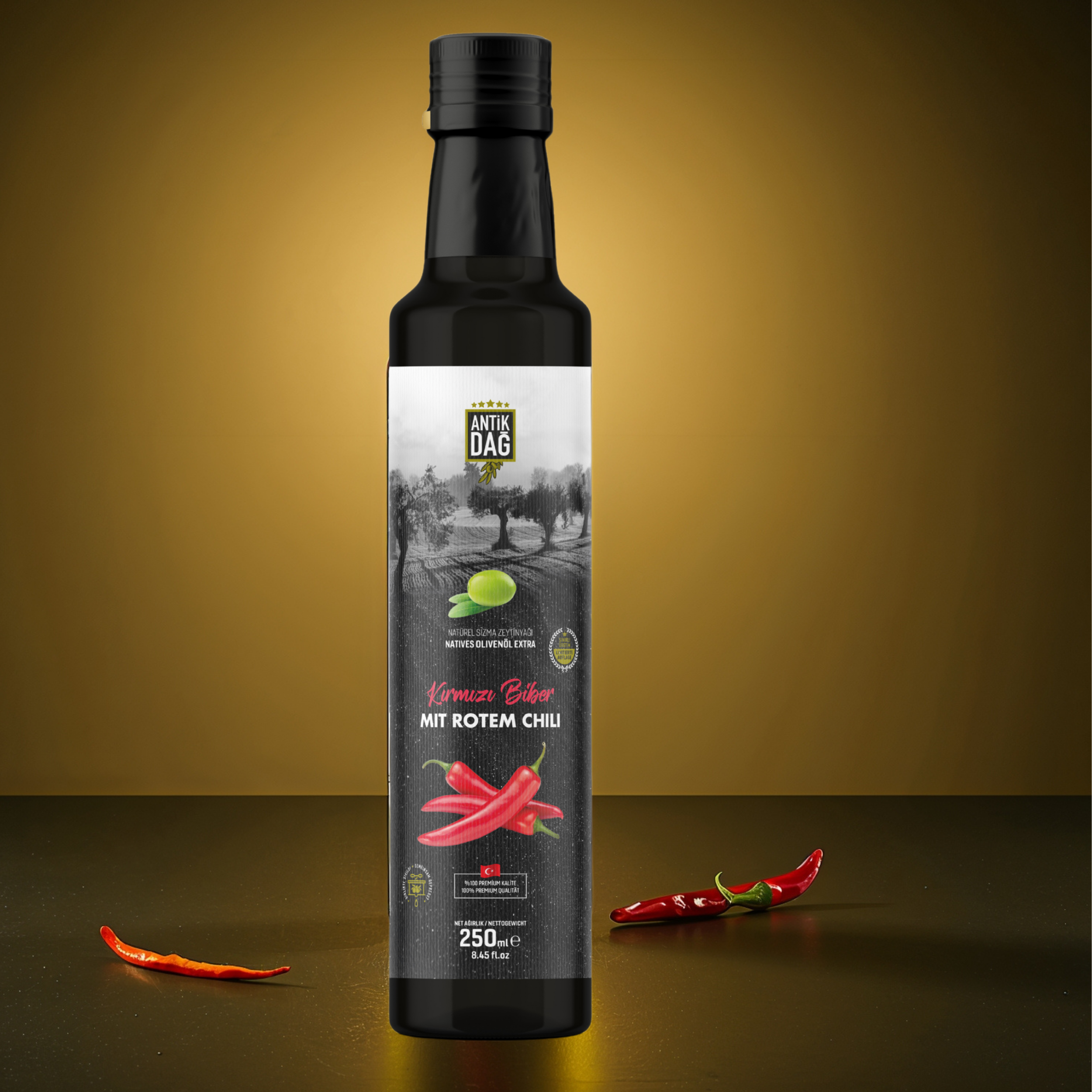 Exclusieve Antiochia Chili Olijfolie – Vroege Oogst & Koudgeperst met Samandag Pepers – 250ml
