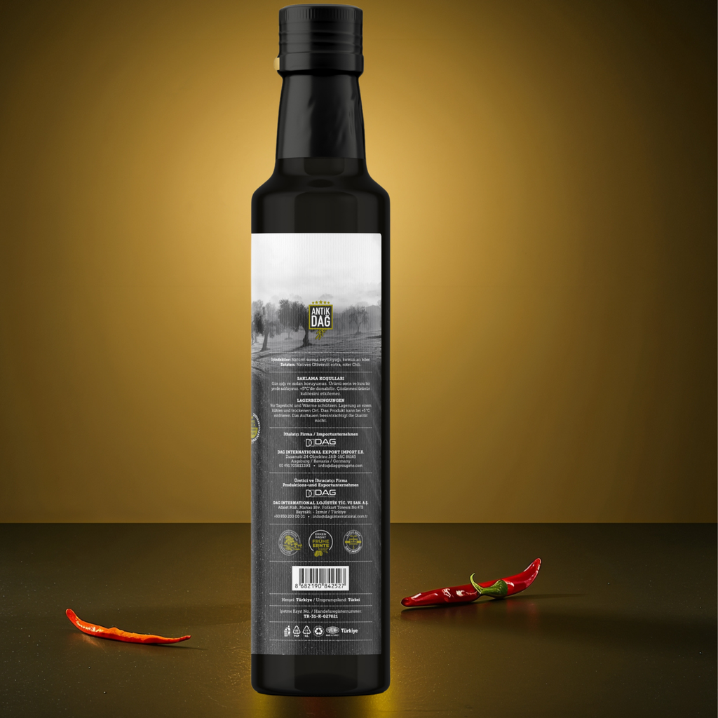 Exclusieve Antiochia Chili Olijfolie – Vroege Oogst & Koudgeperst met Samandag Pepers – 250ml