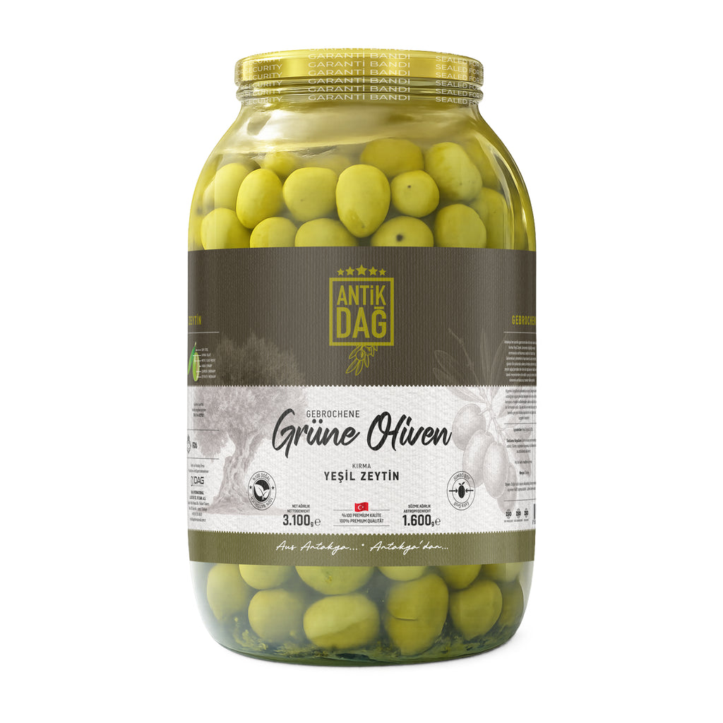 Authentieke Gebroken Groene Olijven uit Antiochia – Handgeplukt & Natuurlijk Gefermenteerd – 3.100g (Uitlekgewicht 1.600g)