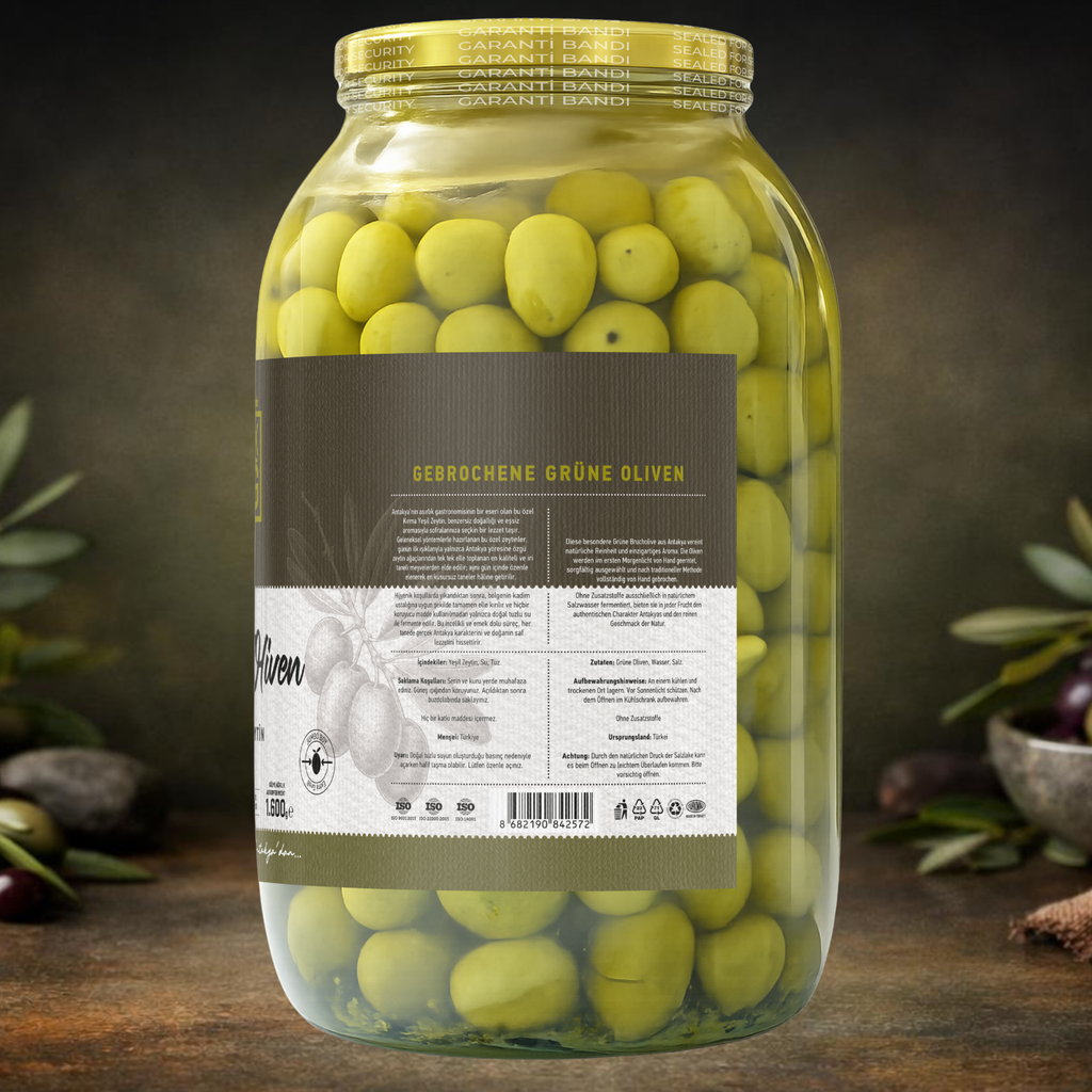 Authentieke Gebroken Groene Olijven uit Antiochia – Handgeplukt & Natuurlijk Gefermenteerd – 3.100g (Uitlekgewicht 1.600g)