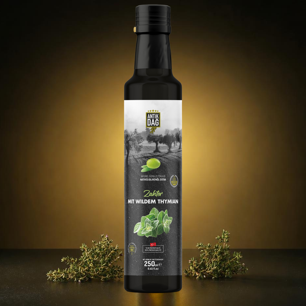 Exclusieve Zahter Olijfolie uit Antiochia – Vroege Oogst & Koudgeperst met Wilde Bergthymian – 250ml