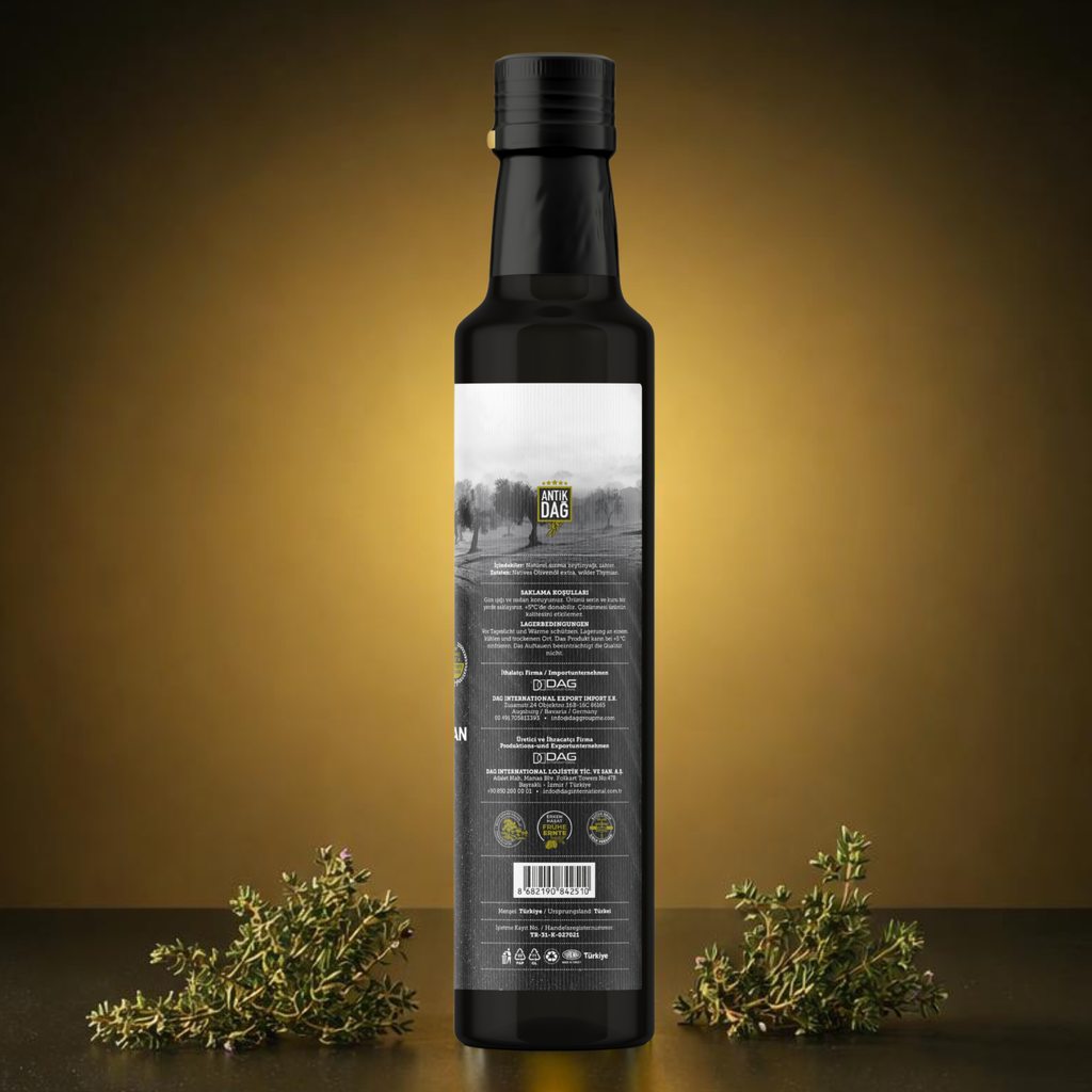 Exclusieve Zahter Olijfolie uit Antiochia – Vroege Oogst & Koudgeperst met Wilde Bergthymian – 250ml